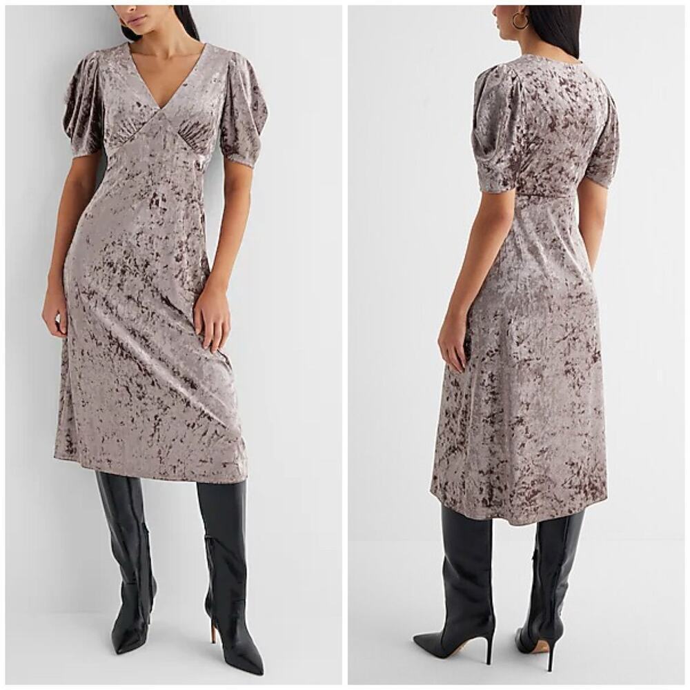 NWT EXPRESS Crushed Velvet V-Neck Puff Sleeve Midi Dress Sz Medium - Picture 1 of 6